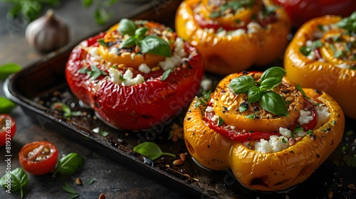Oven-roasted stuffed bell peppers with quinoa, feta cheese, pine nuts, and basil
