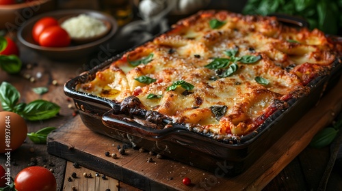 Baked lasagna with bubbling cheese, fresh basil, and rich tomato sauce in baking dish