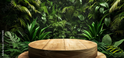 Jungle table background. Rustic wooden table against the backdrop of tropical plants, palms and jungle.Wooden podium in tropical forest for product presentation and green background
