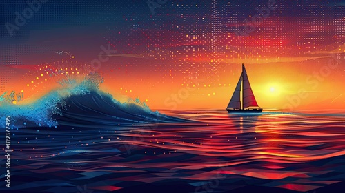 Create a minimalist pixel art logo featuring a sailboat on a beautiful sea wave. Set at dawn, the color palette should include blues and light oranges 