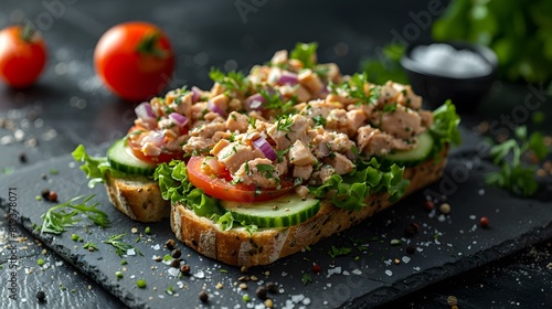 Fresh Mediterranean Open-Faced Sandwich with Chicken Salad, Tomatoes, Cucumbers, and Herbs on Slate Plate