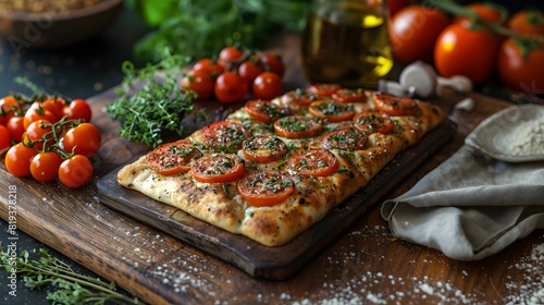 Freshly baked focaccia bread topped with tomato slices, herbs, and seasoning on wooden board