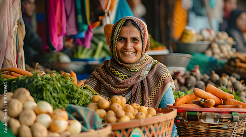 An energetic lady selling vegetables at a crowded market. She is surrounded by baskets of fresh produce such as carrots, potatoes, onions, and herbs