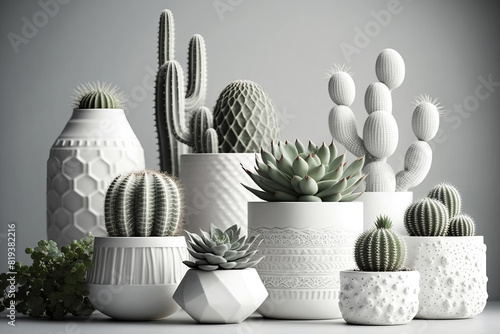 Stylish collection of various cacti and succulents in white pots against a gray background