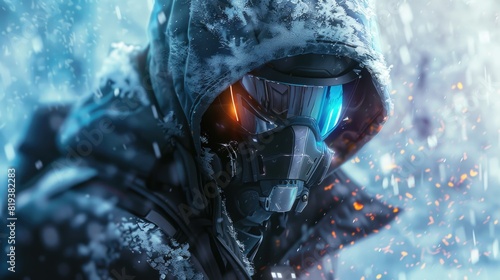 The futuristic soldier vigilante snow and ice vigilance background.