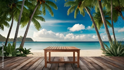 wooden table with palm leaves and a blurred background of the sea and sky at a tropical beach, caribbean coast