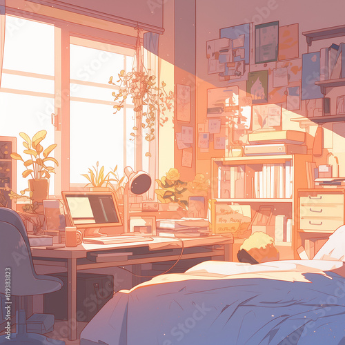 anime illustration of a cozy bedroom, interior of a bedroom, cute and cozy bedroom