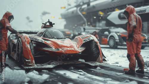 Futuristic Race Track Concept Vehicle in the Pit During Heavy Snowstorm - GENERATIVE AI