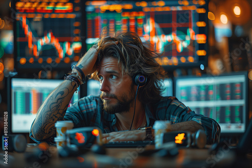 Frustrated Stock Trader Holding Head with Multiple Monitors Displaying Financial Charts