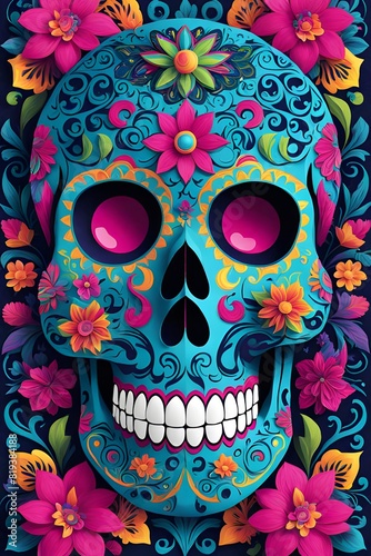 A Burst of Fiesta! Vibrant Vertical Background Flowers Skeletons Celebrate Life in a Hispanic Heritage