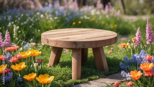 Empty round wooden stand standing amidst spring flowers, space for product