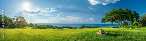 Coastal Panorama, Wide grassy field with straw hat, Ocean View.