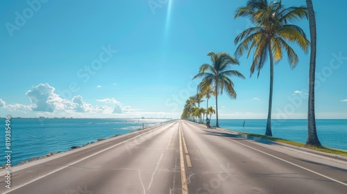 A beautiful seaside road with bike lanes, palm trees, and the horizon stretching far into the distance over calm waters.