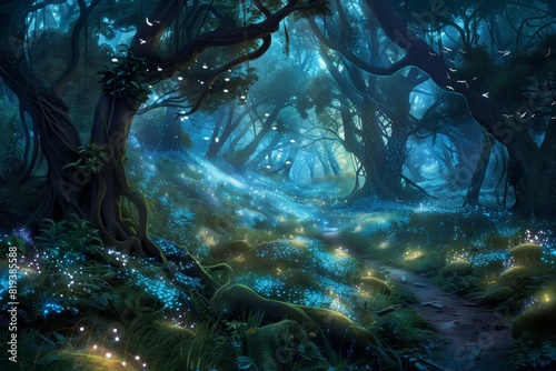 A mesmerizing enchanted forest illuminated by a surreal blue glow at twilight. The forest floor is covered with luminescent plants, casting a magical light that dances through the dense foliage.