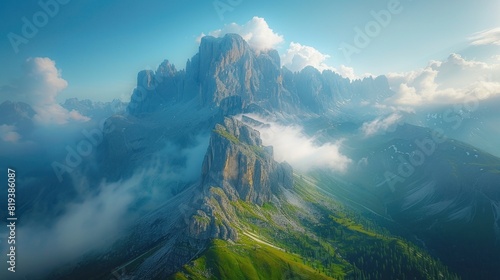Aerial capture of the majestic Dolomites mountain range in Italy