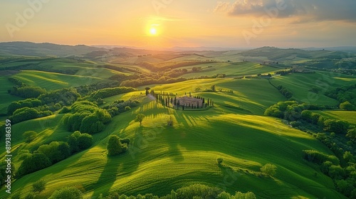 Aerial view of the lush landscapes of the Val d'Orcia in Tuscany