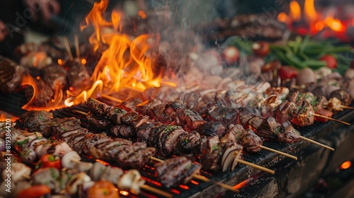 Close-up of a grill loaded with assorted meats and veggies, flames and smoke adding to the ambiance