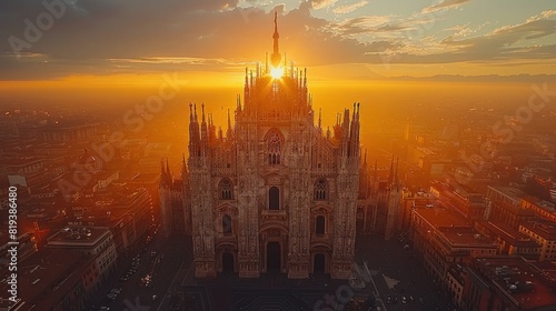Drone perspective of Milan's Duomo and surrounding piazza