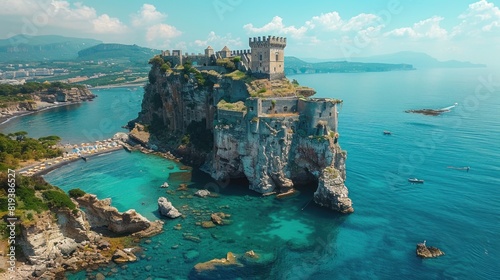 Drone perspective of the medieval castle Castello Aragonese in Ischia