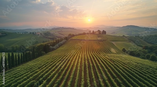 Drone view of the rolling hills and vineyards in Tuscany