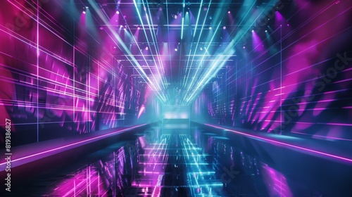 A high-tech concert stage backdrop with synchronized lights, laser beams, and a large digital screen showing dynamic visuals.