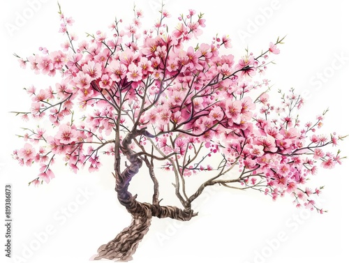 Watercolor of a serene Japanese cherry blossom tree in full bloom, delicate pink petals, elegant branches, isolate white background