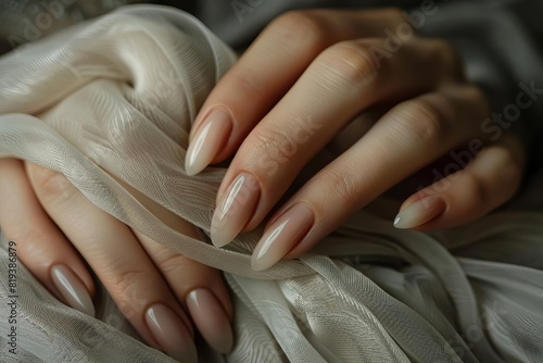 Artistic and gentle portrayal of feminine hands, serene, soft, poised, natural, and elegant, highlighting a neutral color nail design, high resolution.