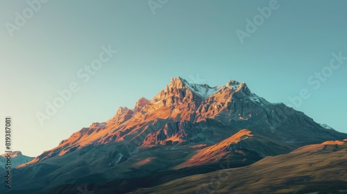 A mountain range bathed in the golden light of sunrise, with a clear sky gradually transitioning to blue.