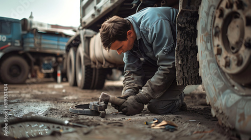 A dedicated mechanic working on a truck in an outdoor repair shop. The mechanic is using a power tool to fix a problem under the truck's chassis