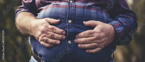 Fat man with big belly in front background with copy space. The concept of obesity. Obesity Concept with Copy Space. 