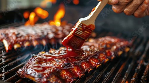 Hand brushing barbecue sauce on ribs while they cook on a smoky grill