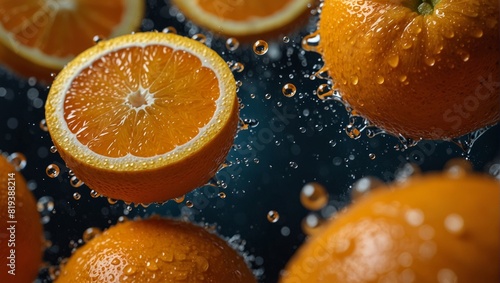 Orange slices with water splash on dark background