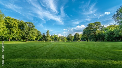 An open grassy field in a public park, with well-kept grass and a backdrop of mature trees and blue sky.
