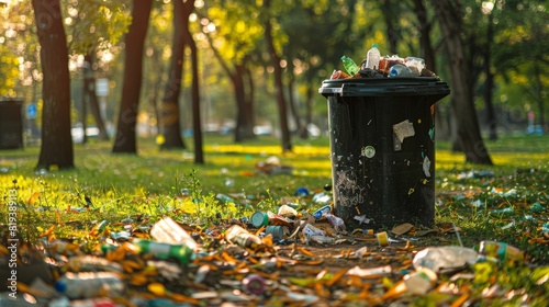 An overfilled trash can in a park, with rubbish strewn around it, showcasing the impact of inadequate waste collection.