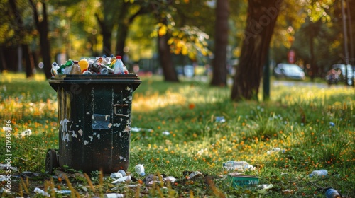 An overfilled trash can in a park, with rubbish strewn around it, showcasing the impact of inadequate waste collection.