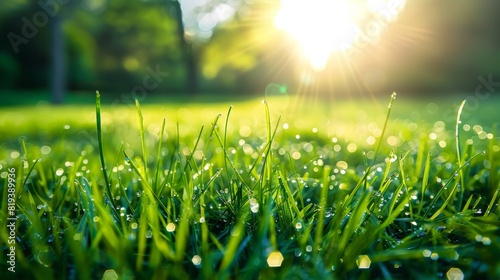Fresh morning dew on lush green grass, with the sunlight creating a beautiful bokeh effect in the background.