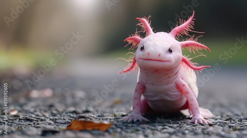 cute dressed Axolotl walking on street 