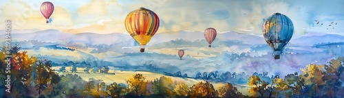 Whimsical hot air balloons floating over a picturesque countryside, in vibrant watercolor