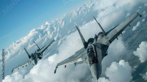 Two fighter jets in the sky over clouds. Combat military fighter jets at high speed