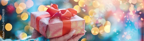 Closeup of hands wrapping a gift with festive ribbon
