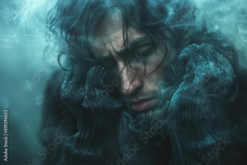 Young man with long dark hair, wearing dark sweater, closed his eyes in grief and clasped head in hands, traces of tears under eyes. Concept of grief, loss, depression and psychological problems