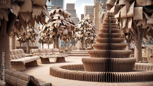 A cardboard city park, featuring paper trees, benches, and a fountain made from folded cardboard.