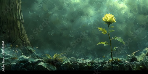 Stunning digital art of a single yellow flower thriving in a dark, mystic environment beside a tree illustrates nature's resilience.