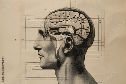 illustration of human head with brain, vintage phrenology on graph paper, scientific diagram, illustration // ai-generated 