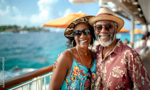 Happy African American Senior Couple Portrait On The Deck of Their Luxury Cruise Ship. Generative AI.