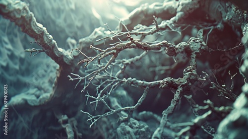 Close-up of intricate tree branches covered in frost, creating a serene and detailed view of nature in winter's cold embrace.