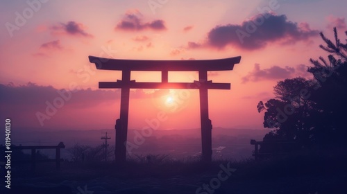 Vintage style scene of a traditional Japanese gate against a twilight sky for showa day.
