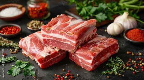 A photo of raw pork belly on the table, cut into three pieces, surrounded by various ingredients and spices. The meat is pink with red stripes, neatly arranged in four layers