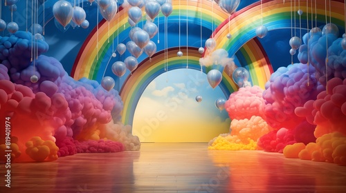 A vibrant and whimsical landscape featuring rainbows, dreamy clouds, and floating balloons, creating a magical fantasy environment.