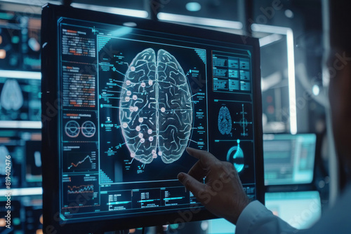 A man is pointing at a computer monitor displaying a brain. Concept of curiosity and fascination as the viewer looks closely at the intricate details of the brain